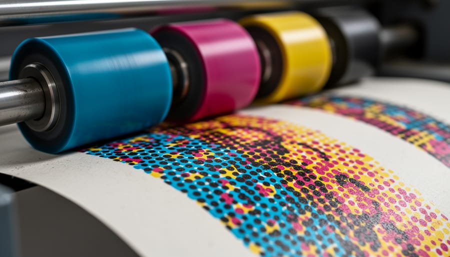 Close-up of CMYK ink dots on printed photo paper showing halftone printing process