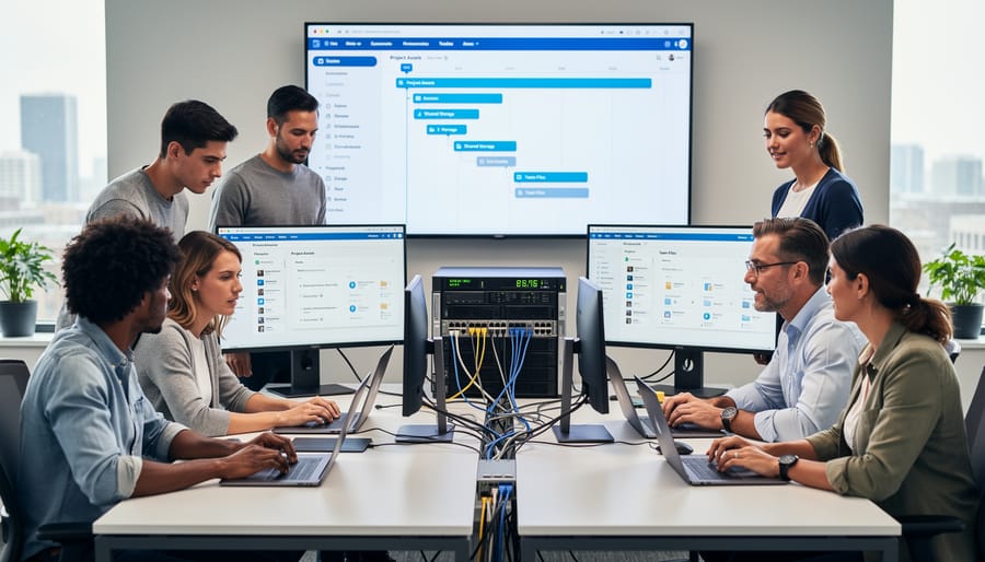 Two video editors working simultaneously at separate workstations in collaborative studio environment