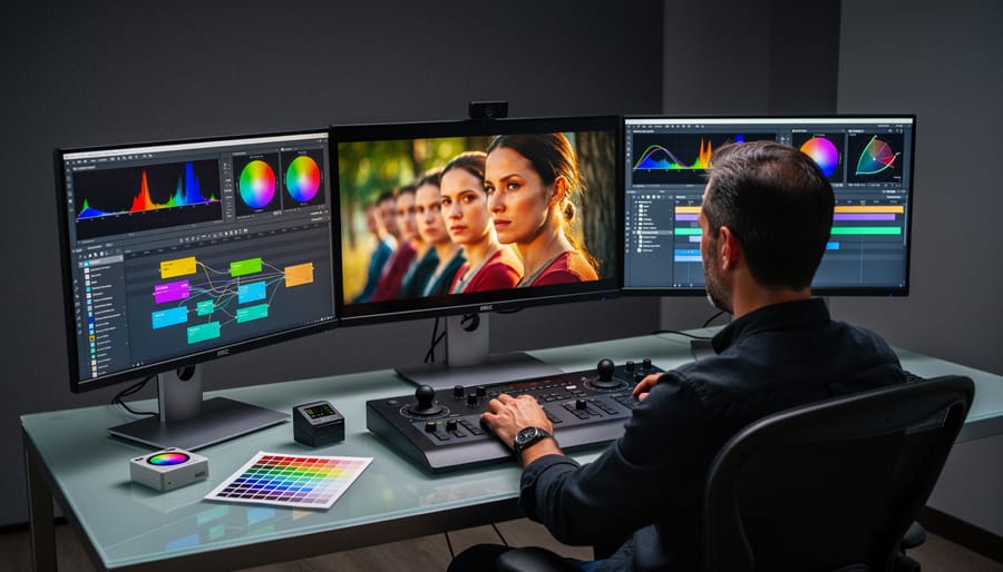 Colorist working on professional color grading equipment with reference monitor