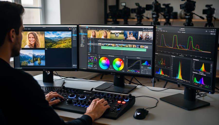 Professional workstation with color grading software displayed on monitor