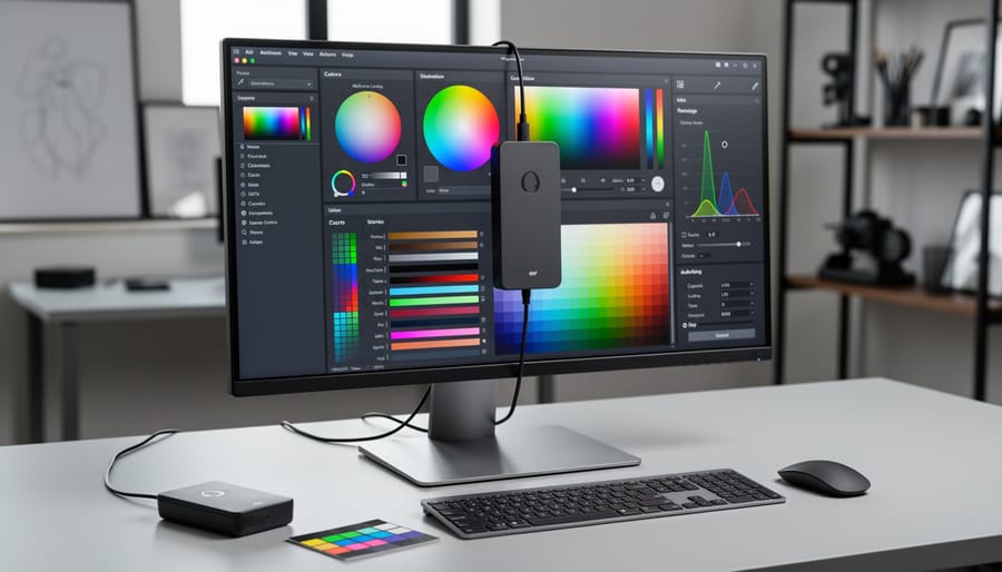 Colorimeter calibration device attached to computer monitor during color calibration process