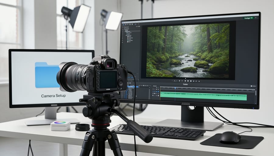 Complete video production setup showing camera, external monitor, and cable connections on location