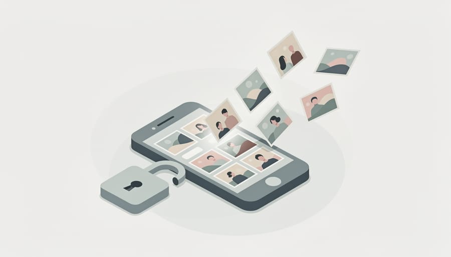 Damaged smartphone with scattered photographs representing security breach consequences