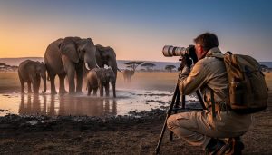 Over-the-shoulder, ground-level view of a conservation photographer using a telephoto lens on a tripod to photograph a herd of African elephants at a watering hole at dusk, warm golden side light, dusty haze, water reflections, and distant acacia trees with a receding shoreline.