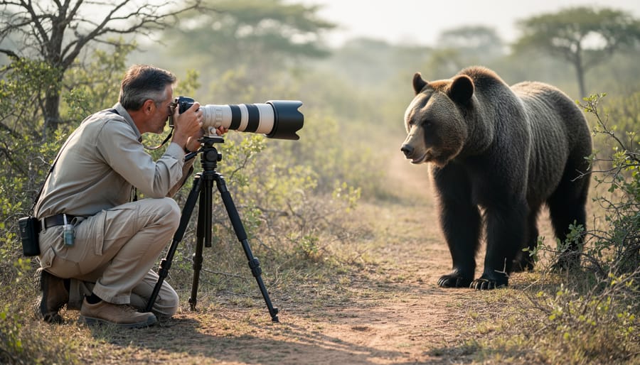 Conservation photographer documenting endangered mountain gorilla from safe distance in forest habitat