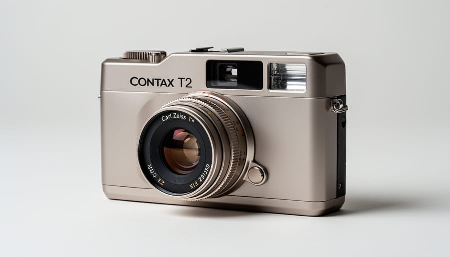 Close-up of Contax T2 compact film camera showing Carl Zeiss lens and titanium body