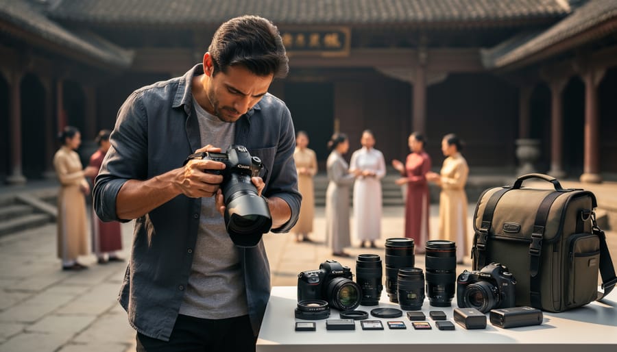 Hands holding professional camera equipment used for cultural documentation