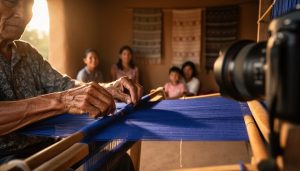 Elder artisan’s hands weave indigo threads on a wooden backstrap loom at golden hour, with a discreet camera visible at the frame edge and family and textiles softly blurred in an earthen home interior.