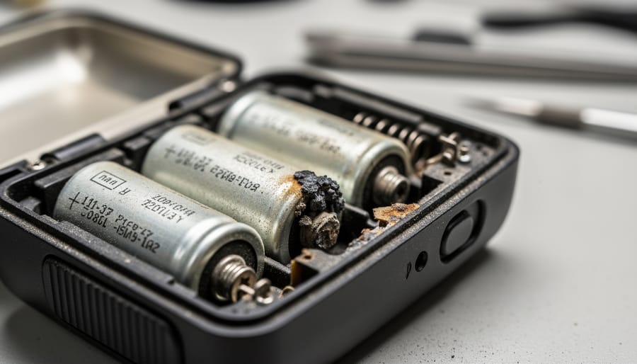 Close-up of camera flash unit showing degraded capacitor and corroded battery contacts