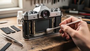 Open-back vintage 35mm SLR on a wooden workbench with a hand cleaning the light seal channel using a cotton swab; shutter curtains and film advance sprockets visible, with tweezers, foam strips, and an unlabeled solvent bottle softly blurred in the background.