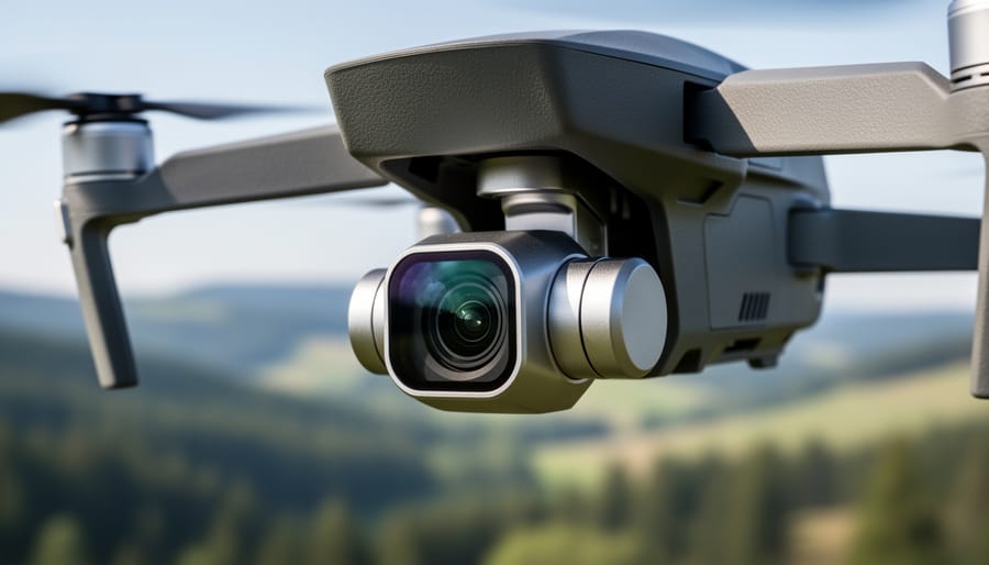 Close-up of drone camera sensor and gimbal stabilization mechanism