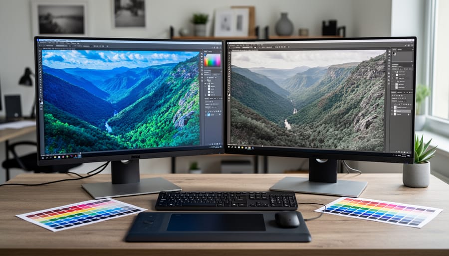 Dual monitor setup showing color differences between uncalibrated displays