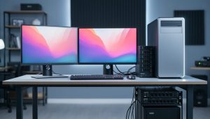 High-end editing workstation with dual monitors showing abstract gradients, tower PC, external RAID drives, and an unbranded rack-style power conditioner next to a compact UPS under the desk, shot eye-level with soft studio lighting and blurred studio background.