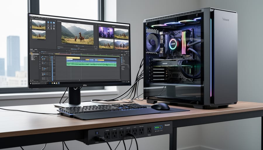 Professional photo editing workstation with multiple monitors and external storage drives