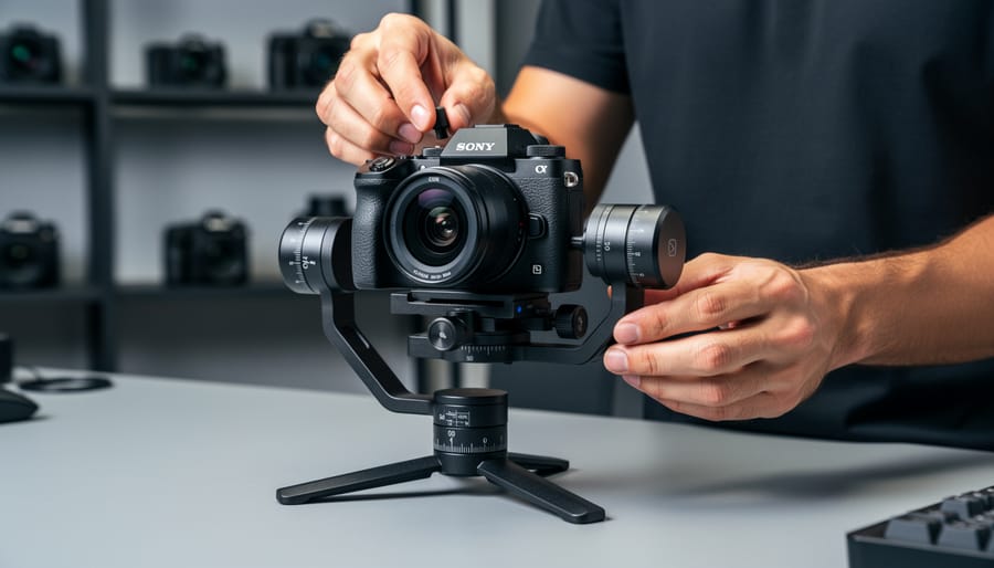 Close-up overhead view of hands balancing camera on gimbal mounting system
