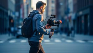 Videographer mid-stride performing a ninja walk with elbows tucked while operating a 3-axis gimbal and mirrorless camera; eye-level medium shot from slightly behind, golden-hour side lighting, sharp subject with blurred urban street and building facades.