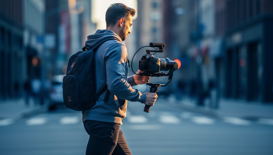 Videographer mid-stride performing a ninja walk with elbows tucked while operating a 3-axis gimbal and mirrorless camera; eye-level medium shot from slightly behind, golden-hour side lighting, sharp subject with blurred urban street and building facades.