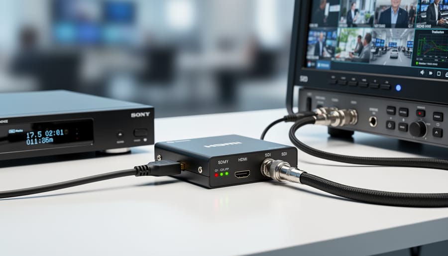 Hands holding HDMI to SDI signal converter with cables connected