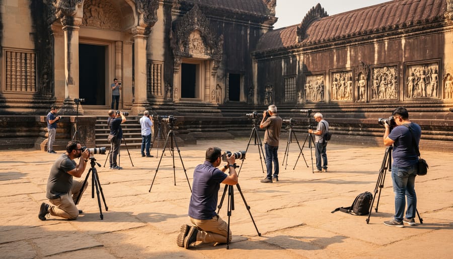 Photographer carefully documenting ancient temple architecture with professional camera equipment