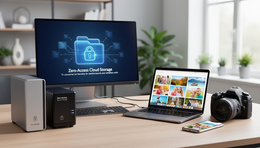 Multiple backup storage devices and laptop showing comprehensive photo backup strategy