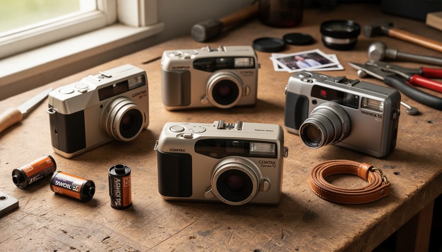 1990s compact film cameras—Contax T2, Yashica T4, Olympus Mju II, and Canon Sure Shot Supreme—arranged on a wooden workbench with 35mm film canisters, photographed from a 45-degree overhead angle in soft natural light.