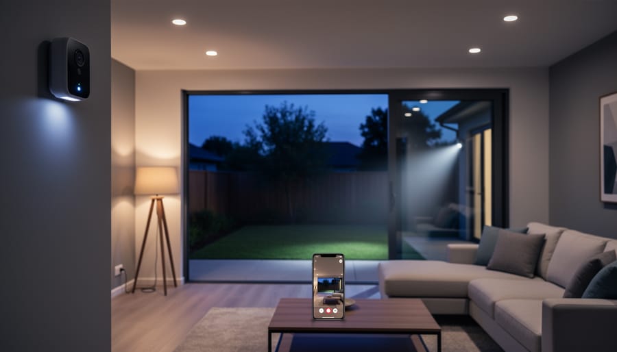 Smart security camera and motion-activated light working together on home exterior