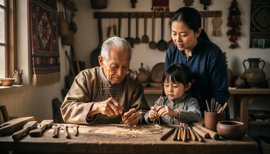 Elder teaching younger person traditional weaving craft with hands working on loom