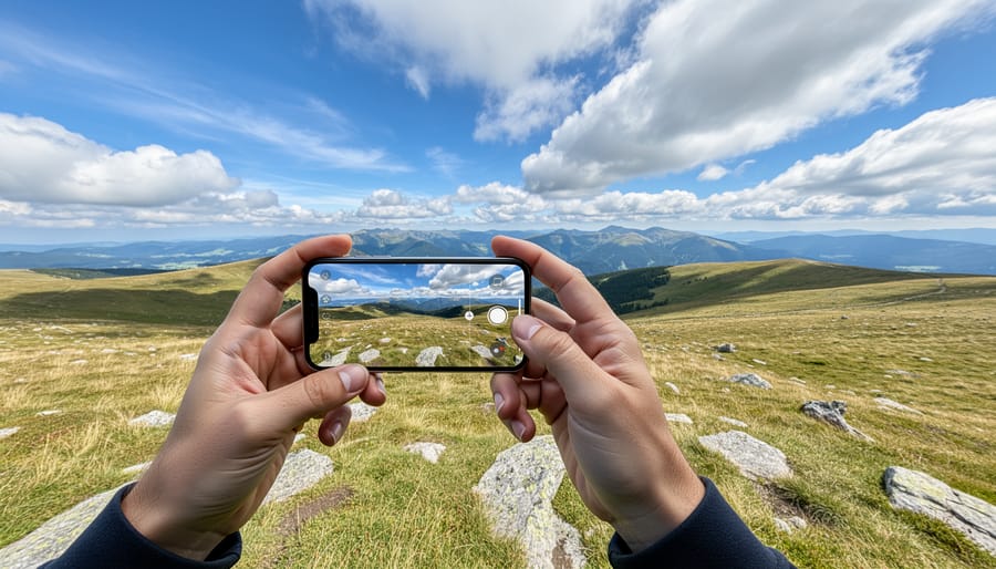 Person holding iPhone capturing a panoramic photograph of a mountain landscape