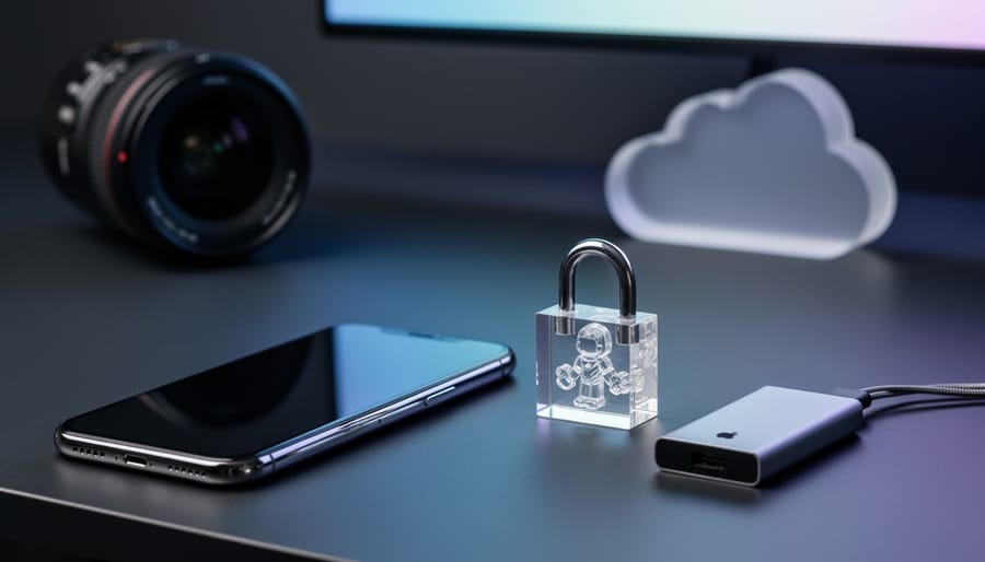 iPhone with screen off on a dark desk next to a clear padlock figurine and an external SSD, with a blurred office setup and cloud-shaped ornament in the background.