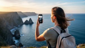 Traveler holding an iPhone vertically while panning across a dramatic coastline at golden hour, viewed from behind the shoulder with cliffs and wide sky in the background.