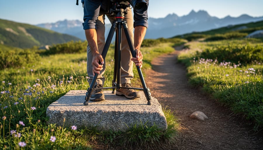 Photographer at sunrise placing tripod on a granite slab along an established alpine trail, carefully avoiding nearby wildflowers, with meadow and mountain peaks softly blurred in the background