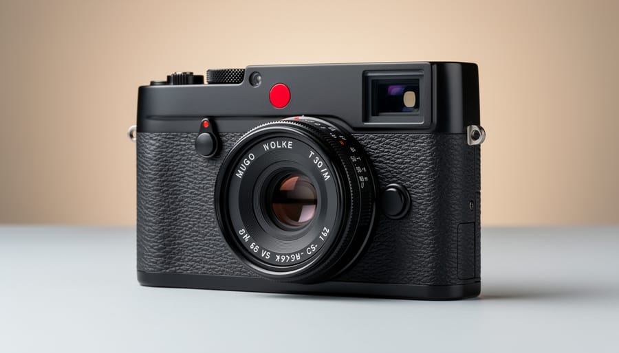 Leica camera with distinctive red dot logo on silver body