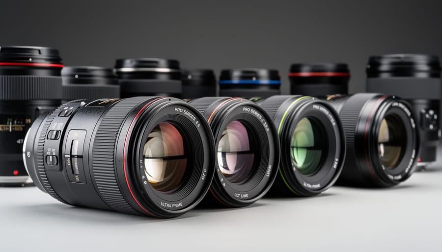 Canon lens with red ring and Nikon lens with gold ring showing distinctive design elements