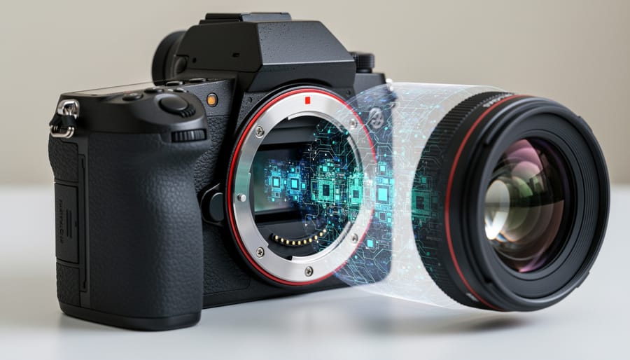 Close-up of camera lens mount showing electronic contacts and autofocus mechanism