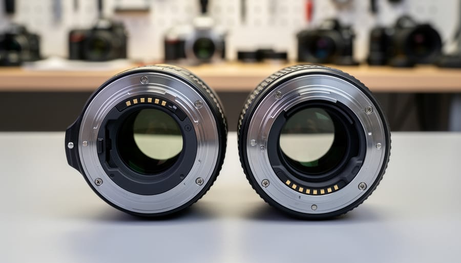 Close-up comparison of Nikon F-mount and Canon EF lens mount hardware