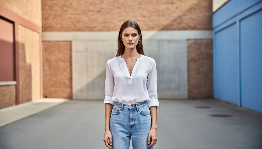 Model photographed against textured brick wall background in natural lighting