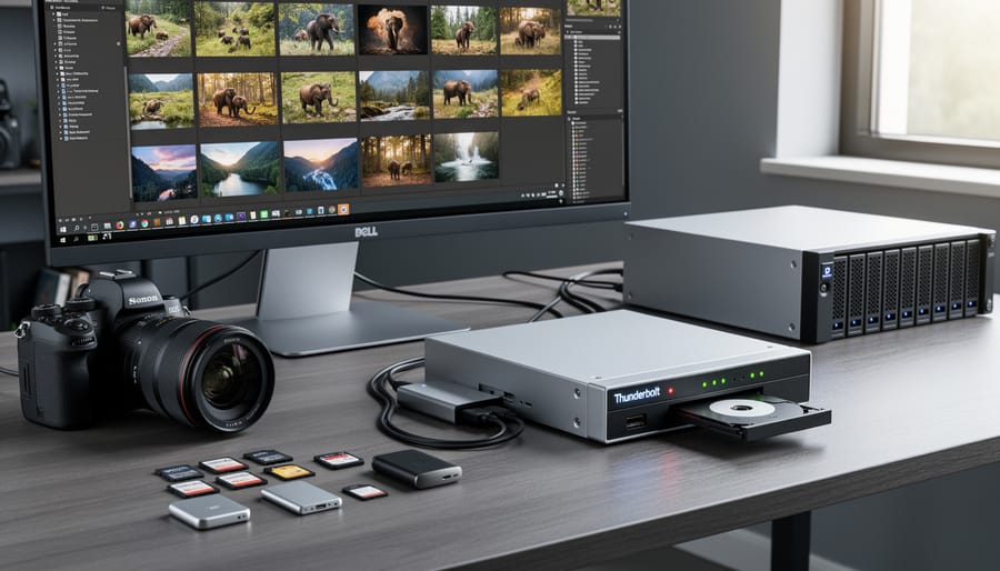 Photographer connecting LTO tape drive to laptop computer via Thunderbolt cable