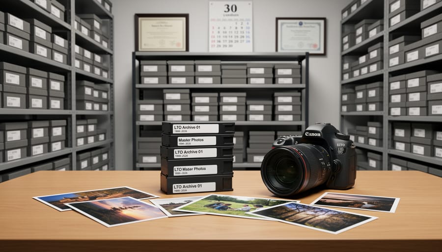 Row of LTO tape cartridges organized in archival storage case