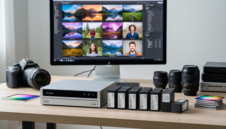 LTO tape cartridge next to external tape drive on professional photographer's desk