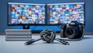 Knotted USB‑C cable draped across a DSLR camera and stacked external SSDs on a desk, with softly blurred dual monitors showing abstract image grids in the background.
