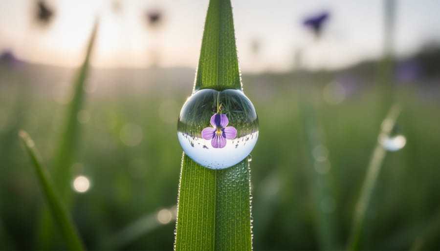 Extreme close-up of a single dewdrop on a green blade of grass, with an upside-down purple wildflower refracted inside, softly backlit and set against a blurred meadow.