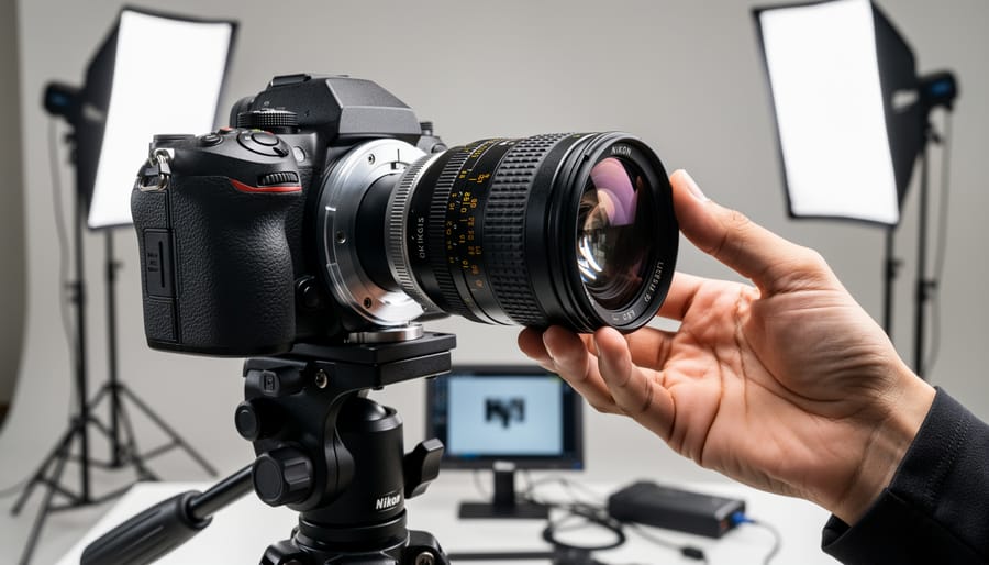 Photographer manually focusing Nikon lens adapted to Canon camera body