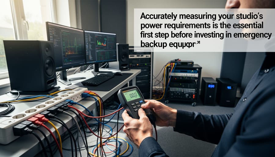 Photographer using power meter to measure electrical consumption in studio