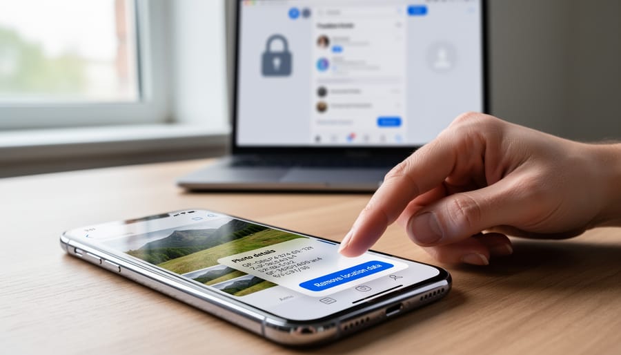 Smartphone displaying GPS location data and privacy warning on photo