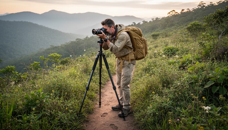 Carbon fiber camera tripod with telephoto lens set up on rocky mountain terrain