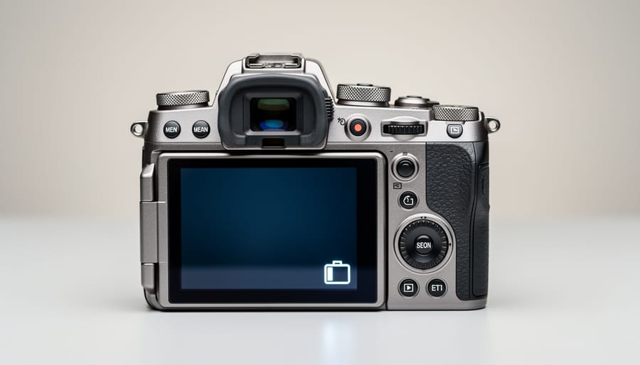 Mirrorless camera showing electronic viewfinder and LCD display components