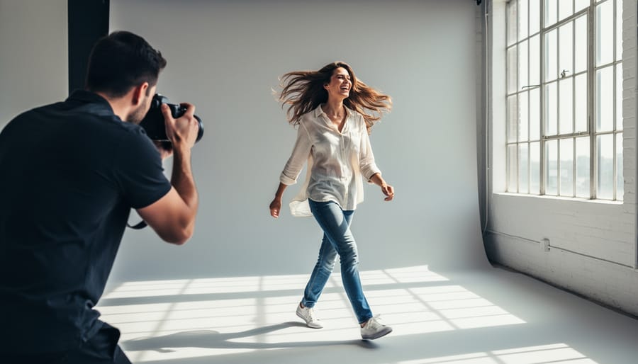 Fashion model in motion with flowing dress demonstrating dynamic posing technique