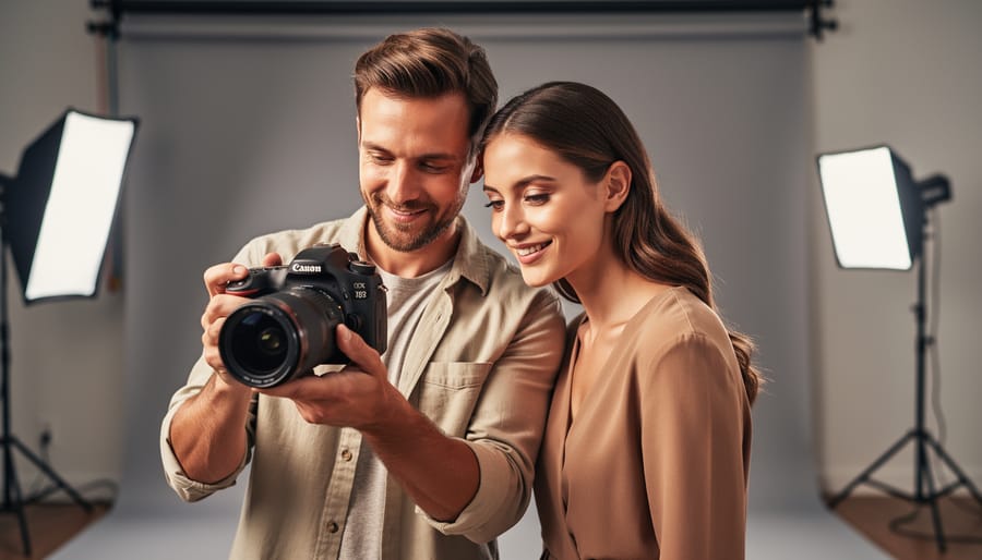 Photographer and model looking at the camera screen in a studio, lit by a 45-degree softbox creating Rembrandt-style shadows, with a shallow depth of field and blurred backdrop, light stands, and reflector.