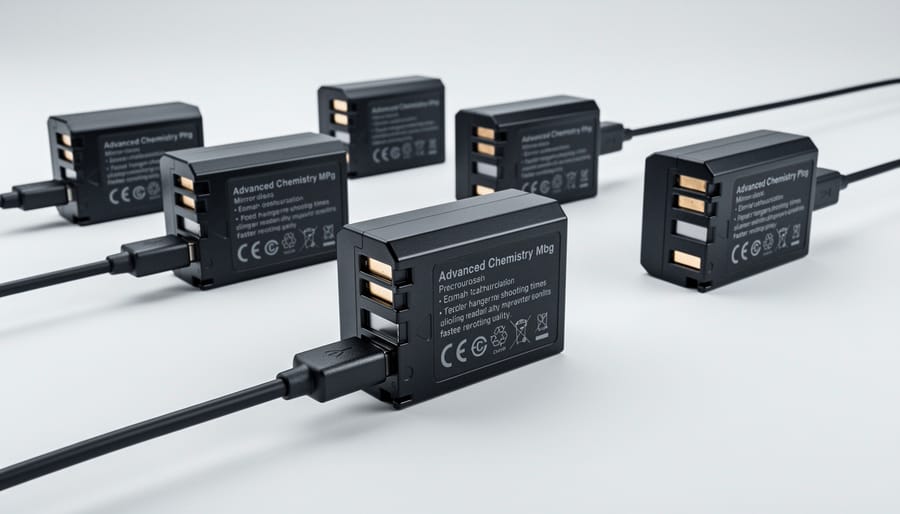 Modern camera battery with USB-C charging port next to traditional battery
