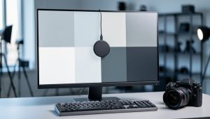 Unbranded hardware colorimeter attached to a high-end monitor showing neutral color swatches on a minimalist editing desk with a camera and keyboard, softly lit by window light with a blurred studio workspace in the background, no visible text or logos.